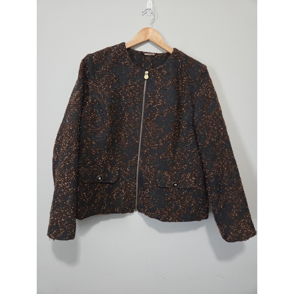 Dana Buchman Womens XL Brown Black Textured Tweed Zip Front Jacket Blazer